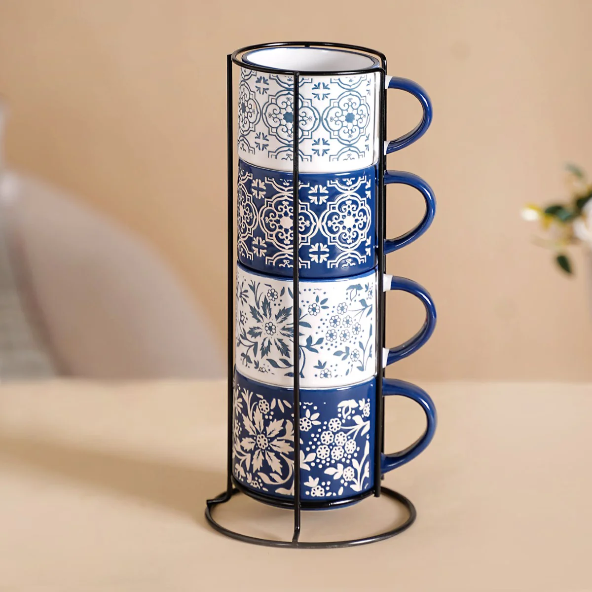 Floral Design Stackable Coffee Mugs Set of 4 210ml - Image 11