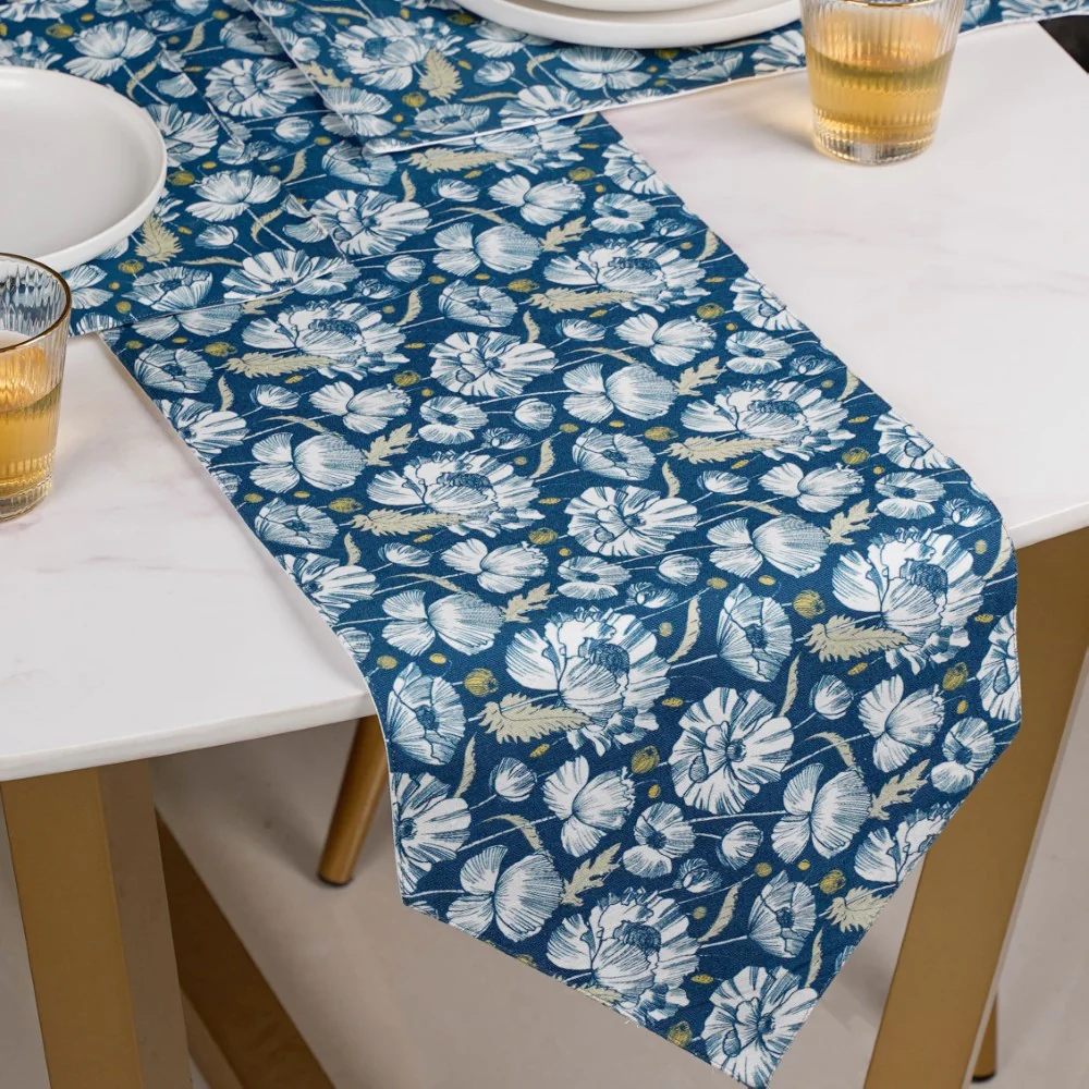 Floral Dining Cotton Printed Table Runner Royal Blue For 6 Seater