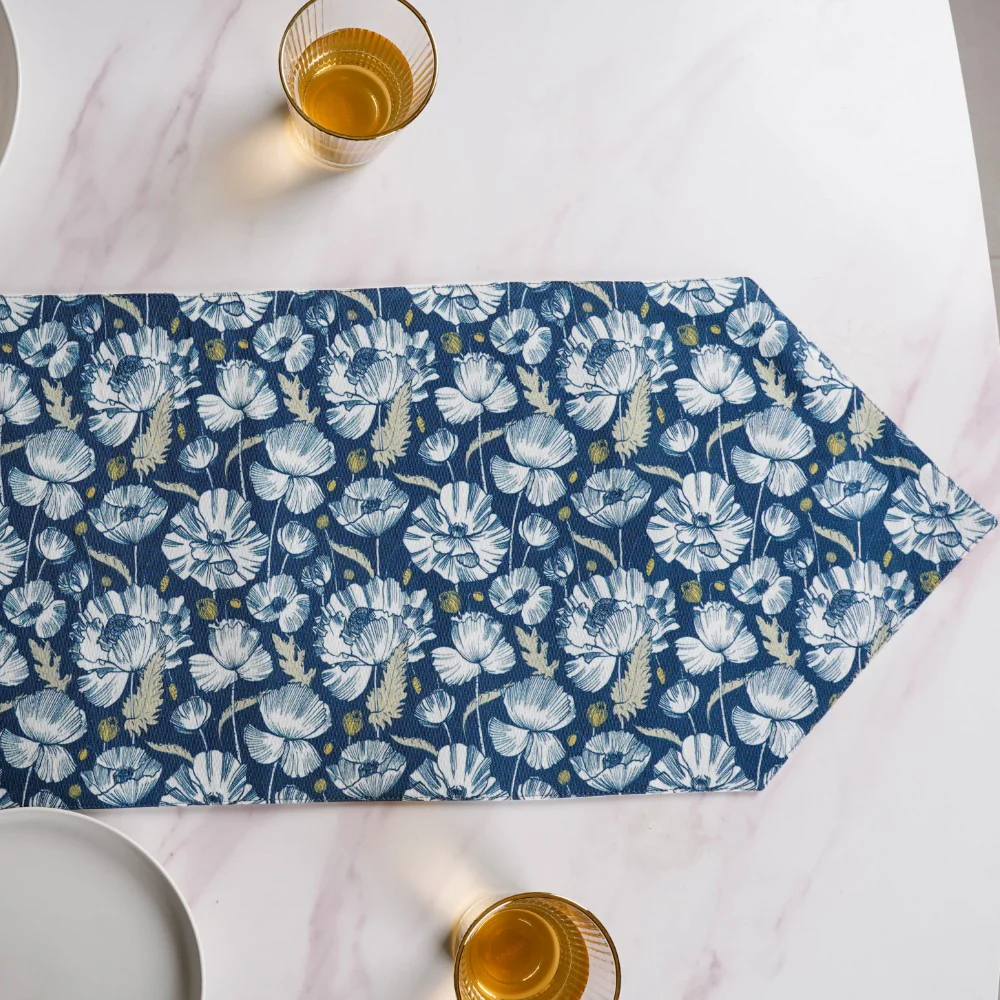Floral Dining Cotton Printed Table Runner Royal Blue For 6 Seater - Image 2