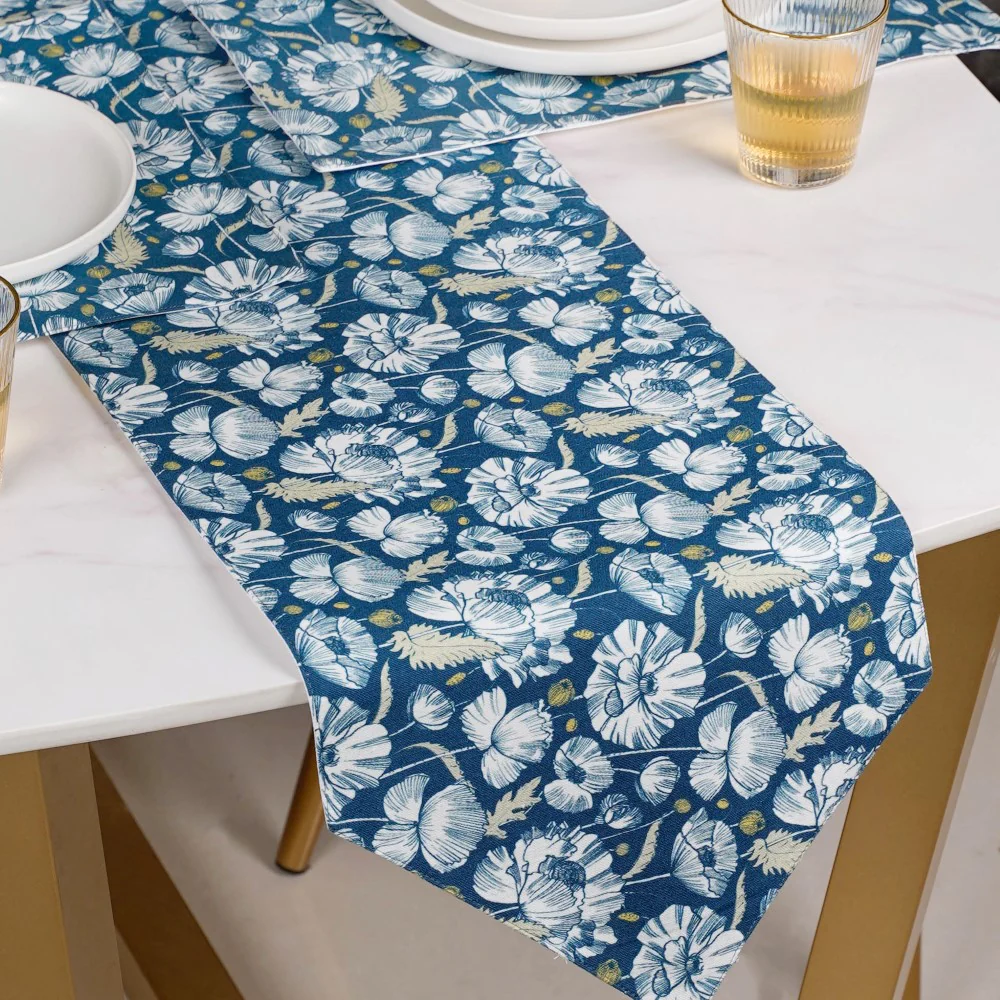 Floral Dining Cotton Printed Table Runner Royal Blue For 6 Seater - Image 5