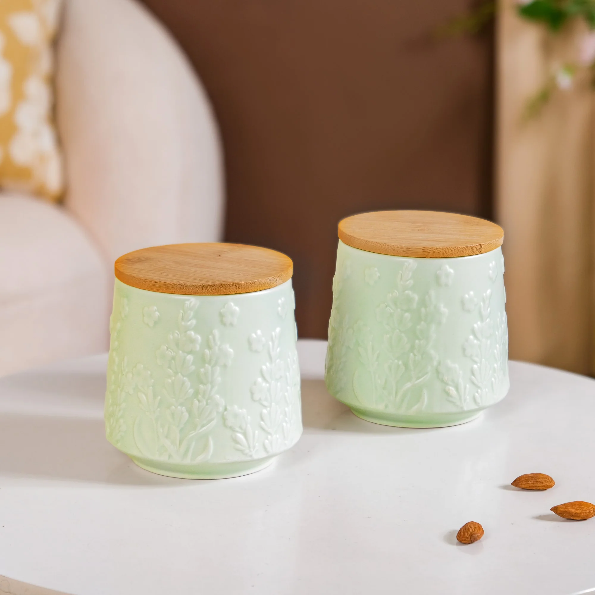 Floral Embossed Ceramic Jar For Storage Set Of 2 Mint Green - Image 2