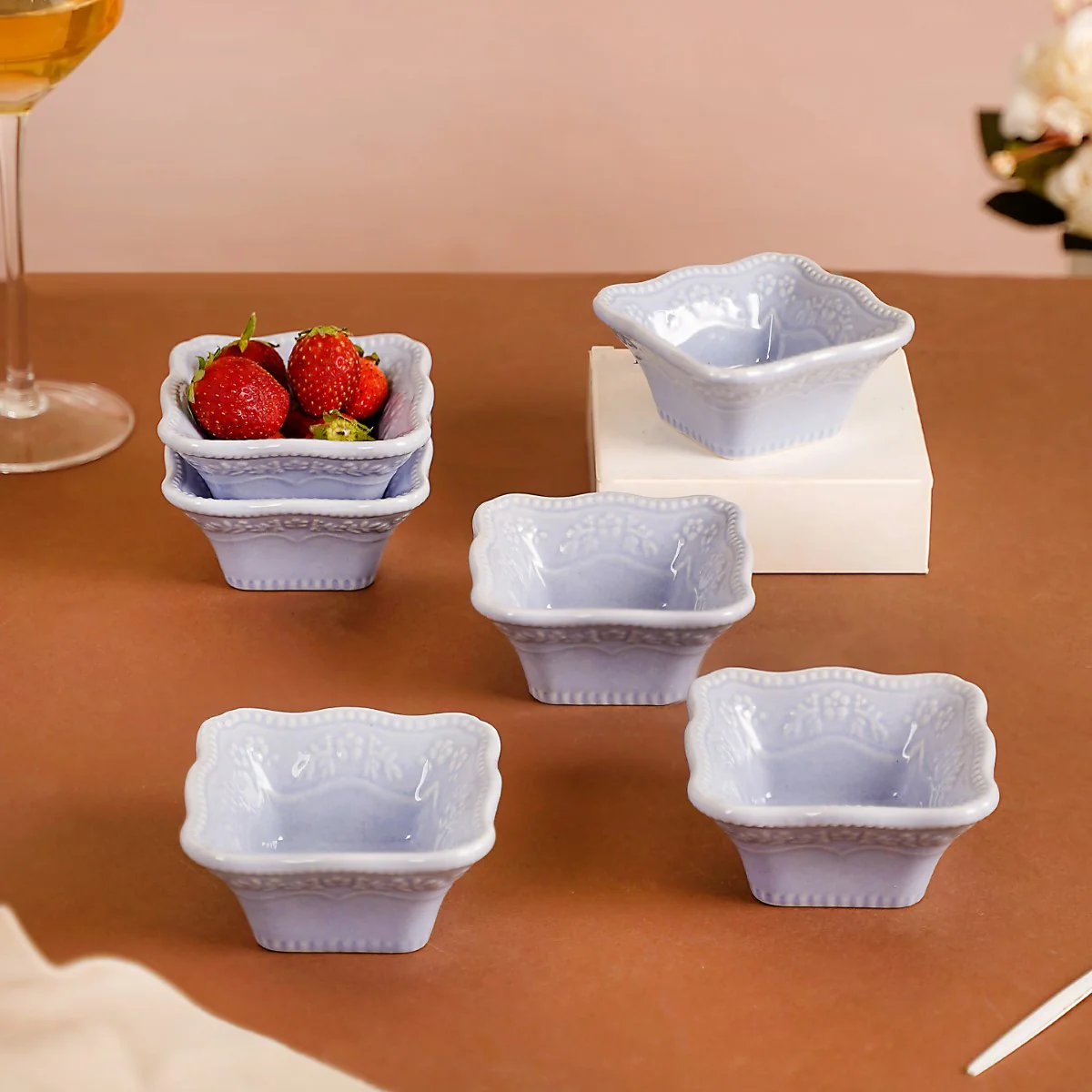 Floral Embossed Small Square Dip Bowl Set Of 6 Lavender 60ml - Image 2