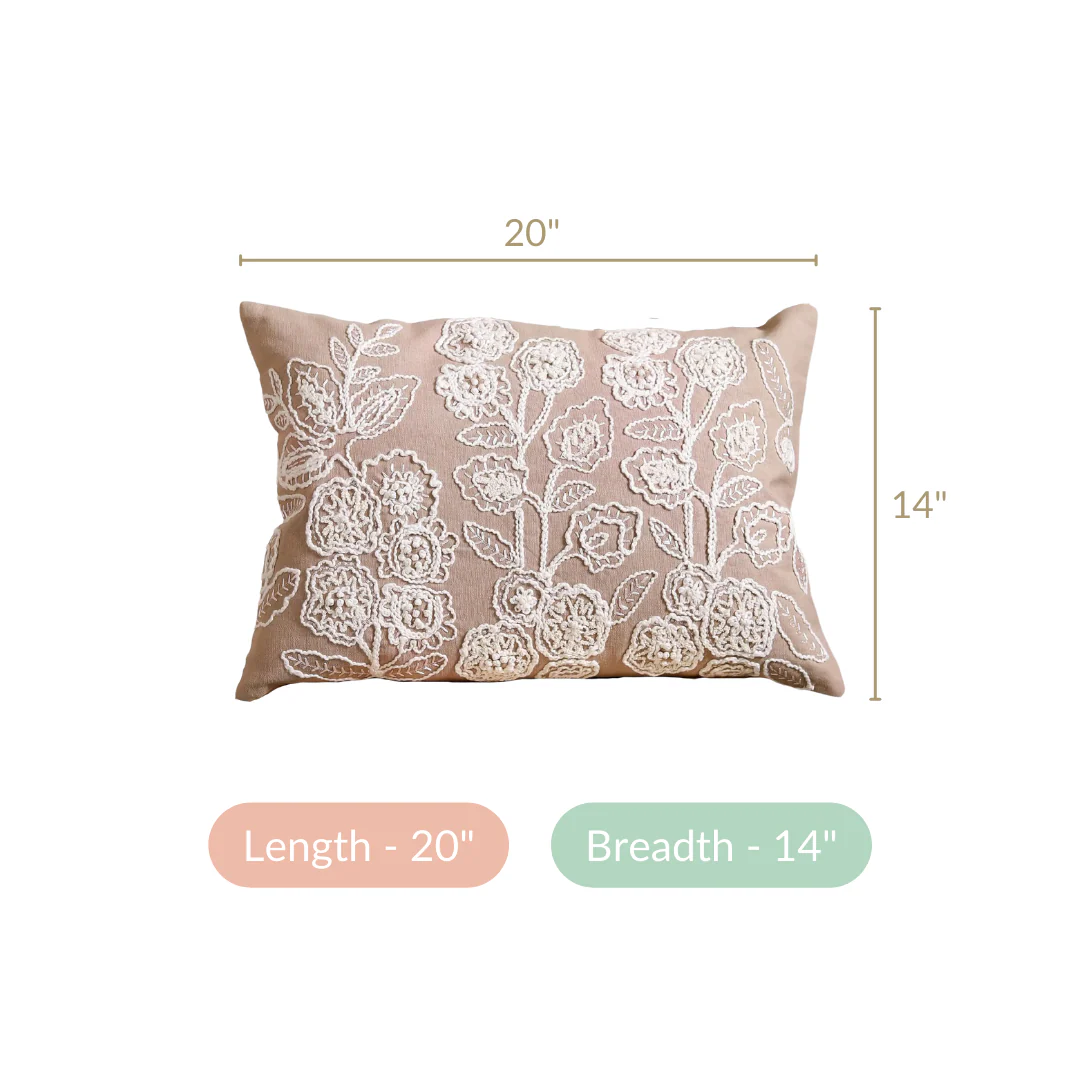 Floral Embroidered Throw Pillow Cover Beige 20x14 Inch - Image 6