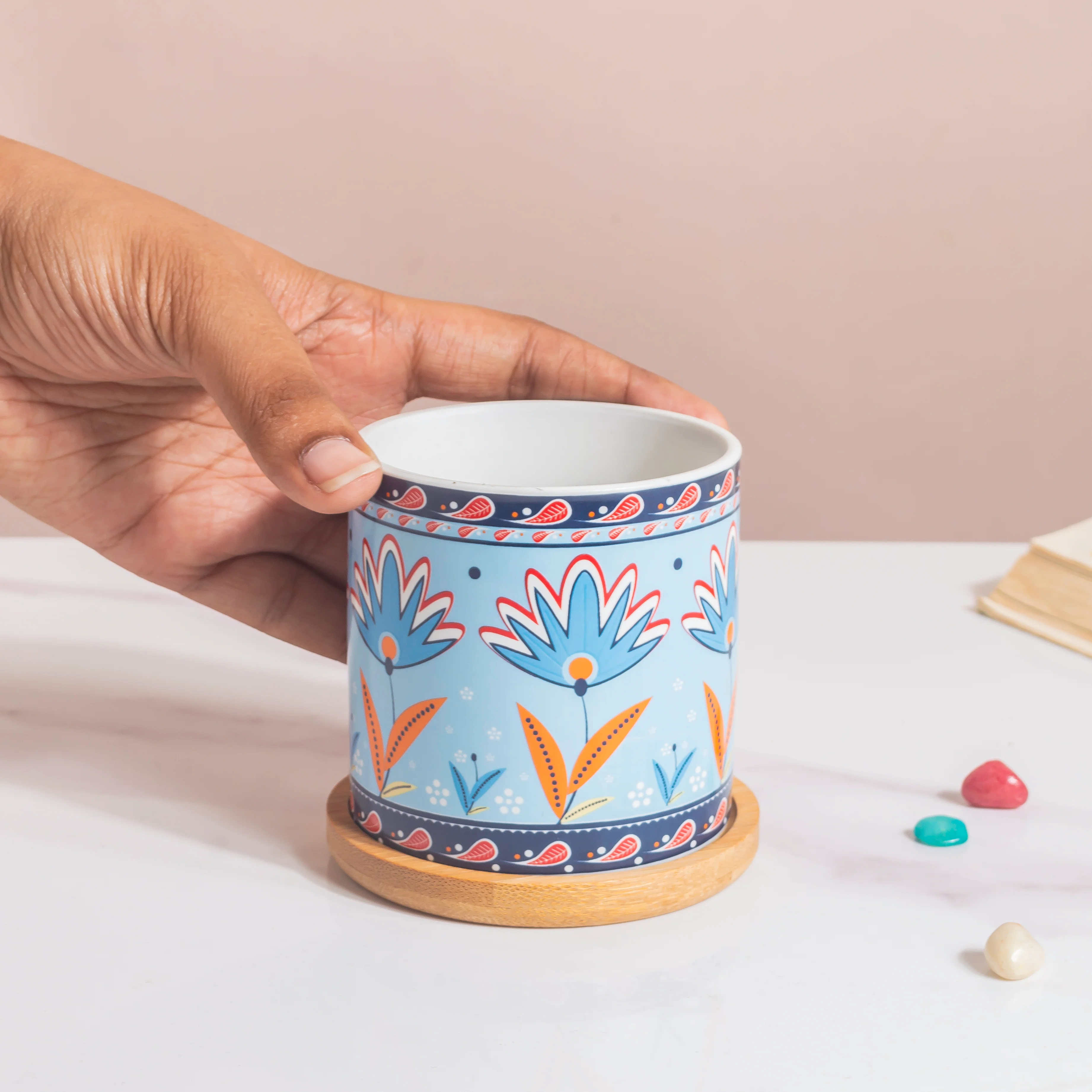 Floral Fantasy Ceramic Planter With Coaster Set Of 4 - Image 2