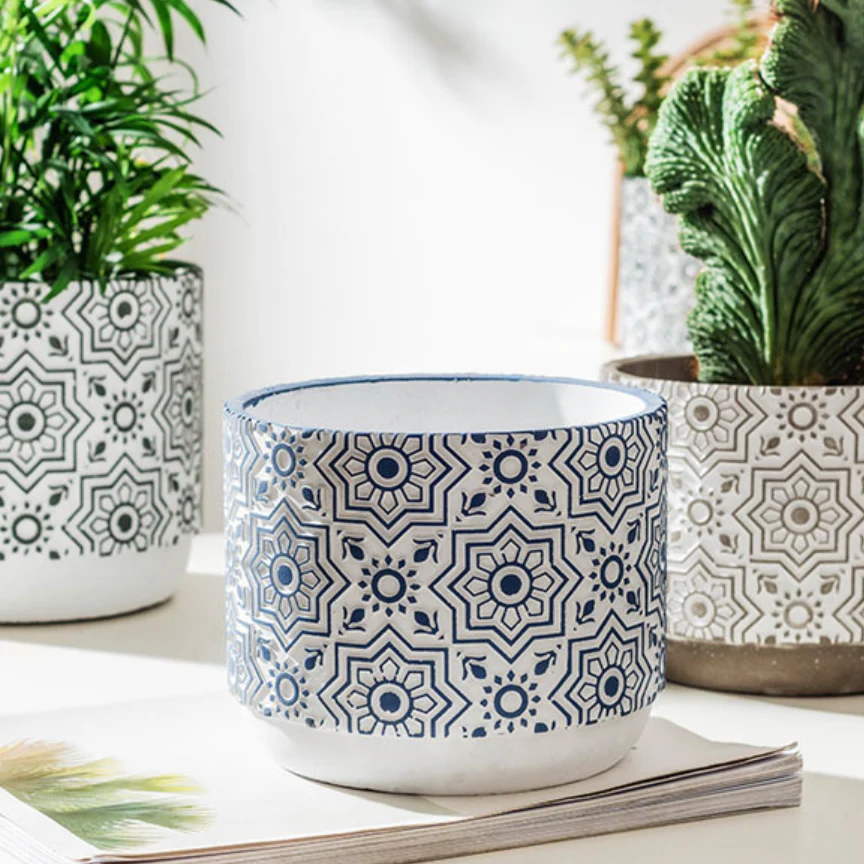 Floral Geometric Blue White Pot