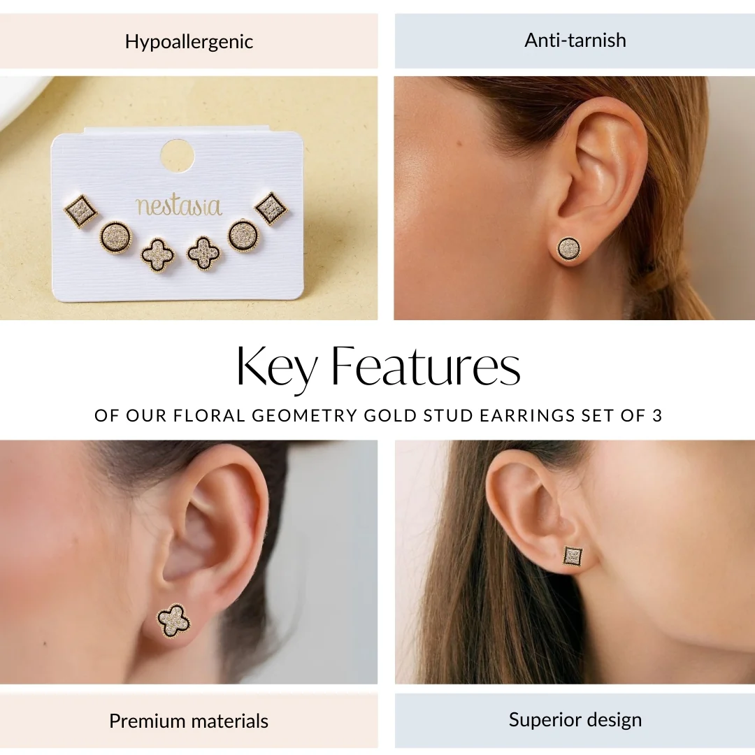 Floral Geometry Gold Stud Earrings Set Of 3 - Image 4