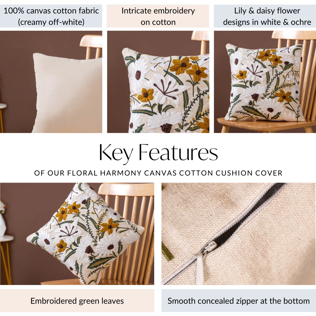 Floral Harmony Canvas Cotton Cushion Cover 40x40cm - Image 4