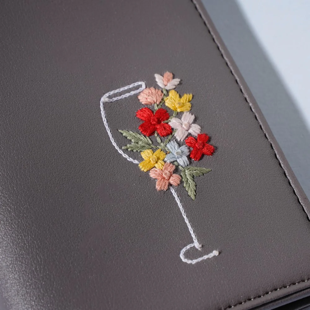 Floral Line Art Embroidered Passport Cover Grey - Image 3