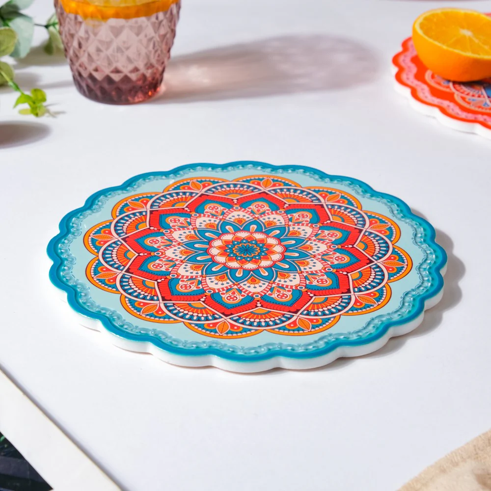 Floral Mandala Ceramic Trivet Blue Orange 8 Inch - Image 5