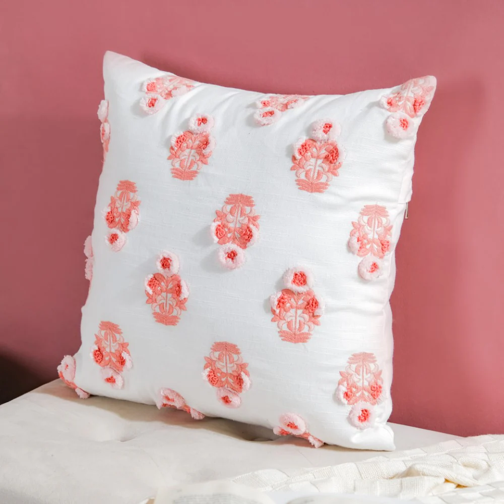 Floral Motif Cotton Cushion Cover Peach 16 inch - Image 2