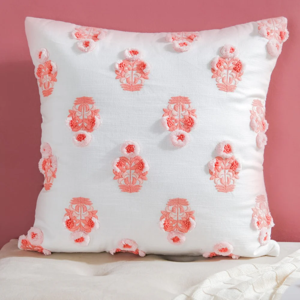 Floral Motif Cotton Cushion Cover Peach 16 inch - Image 4