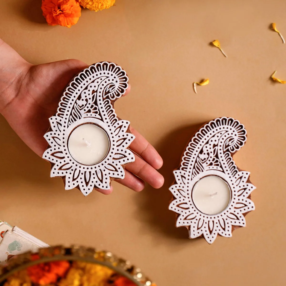 Floral Paisley Decorative Wooden Block Candle Holder Set Of 2 - Image 2