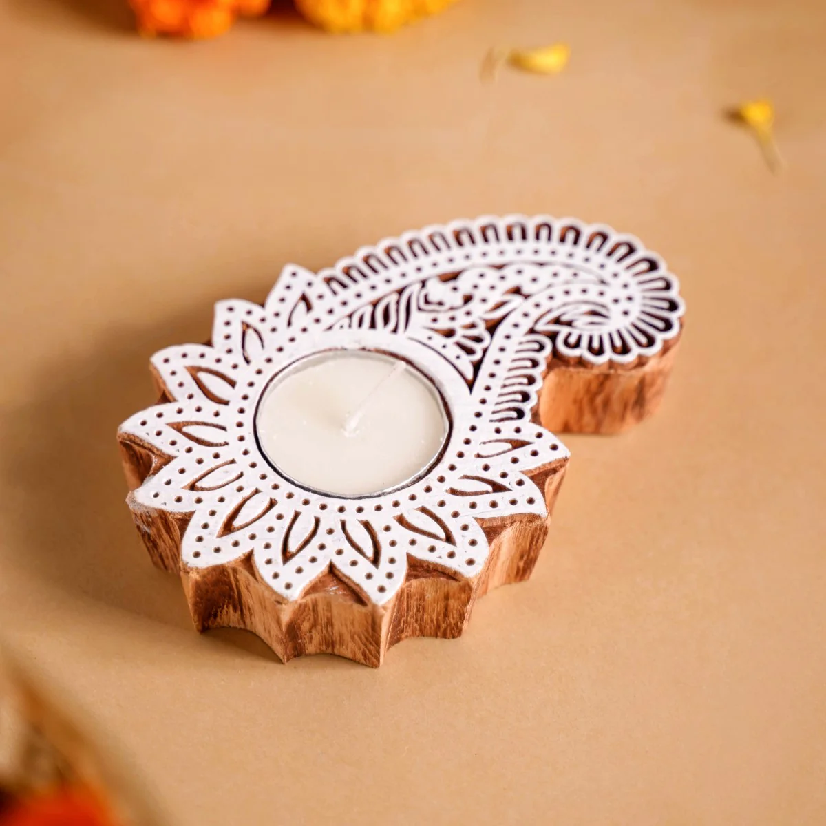Floral Paisley Decorative Wooden Block Candle Holder Set Of 2 - Image 3