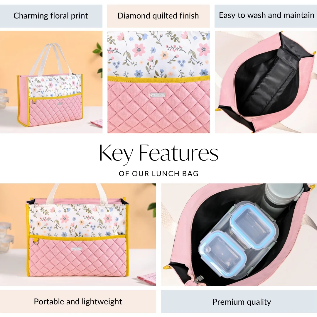 Floral Pink Quilted Multipurpose Lunch Bag - Image 4