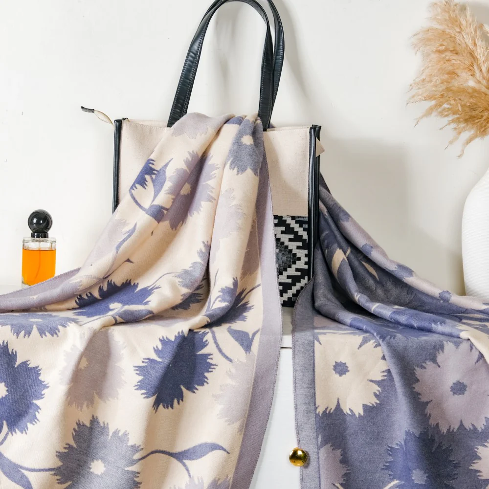 Floral Printed Woolen Scarf Blue