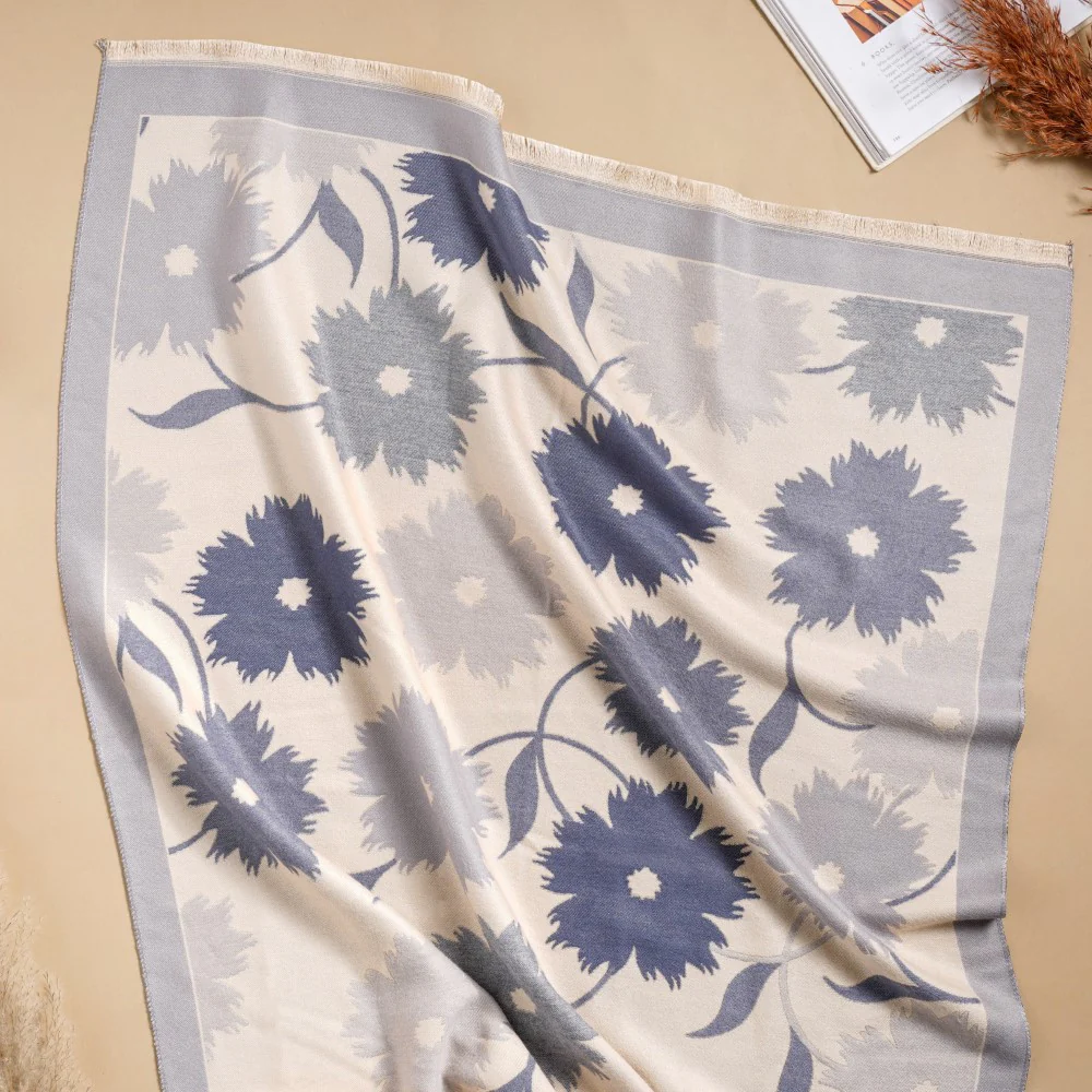 Floral Printed Woolen Scarf Blue - Image 3