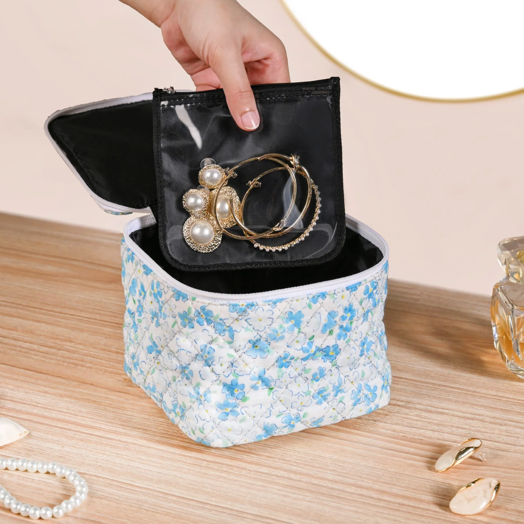Floral Quilted Jewellery Storage Bag With Pouch Set Of 6 Blue - Image 3