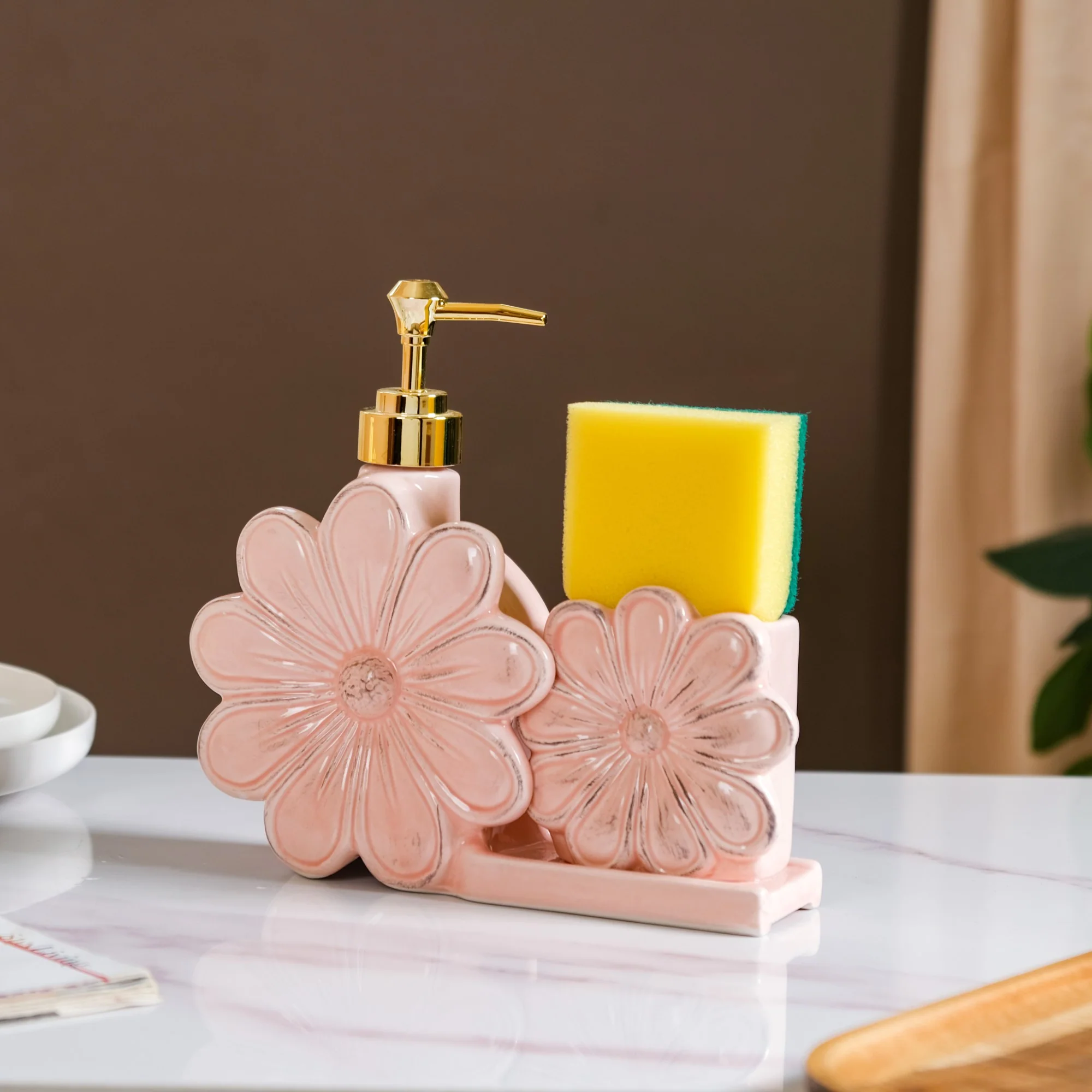 Floral Soap Dispenser With Holder Pink - Image 3