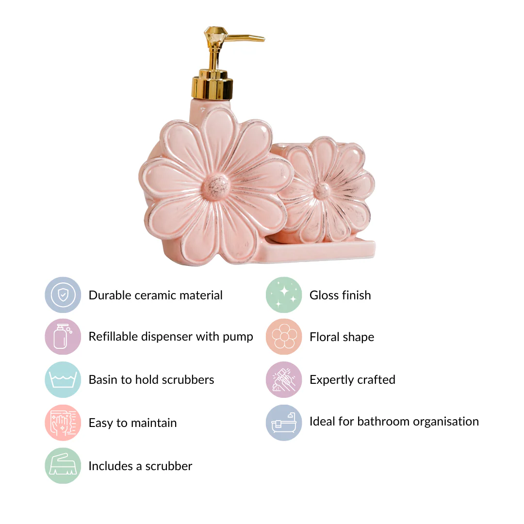 Floral Soap Dispenser With Holder Pink - Image 9