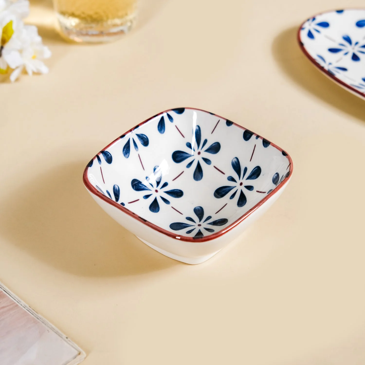 Floral Square Ceramic Bowls Set Of 4 Blue 300ml - Image 7