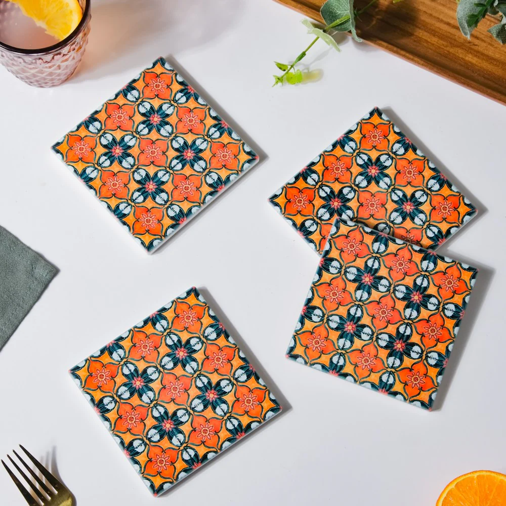 Floral Zellij Square Ceramic Coaster Orange Set of 4 - Image 5