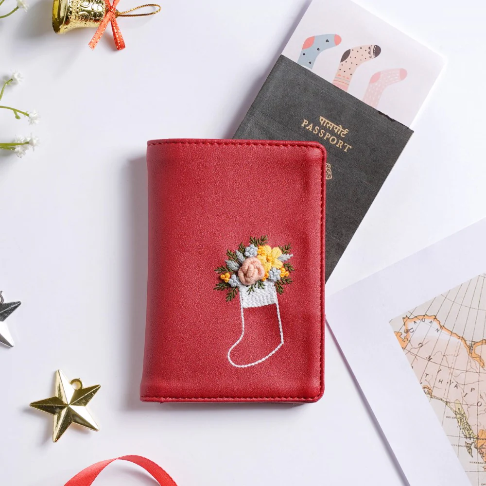 Floret Stocking Embroidered Passport Cover Red - Image 3