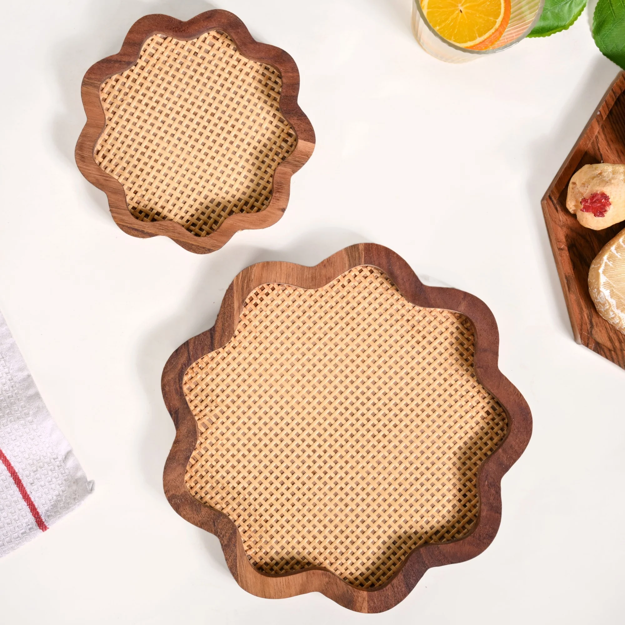 Flower Acacia Wooden Platter With Rattan Weave Set Of 2 - Image 2