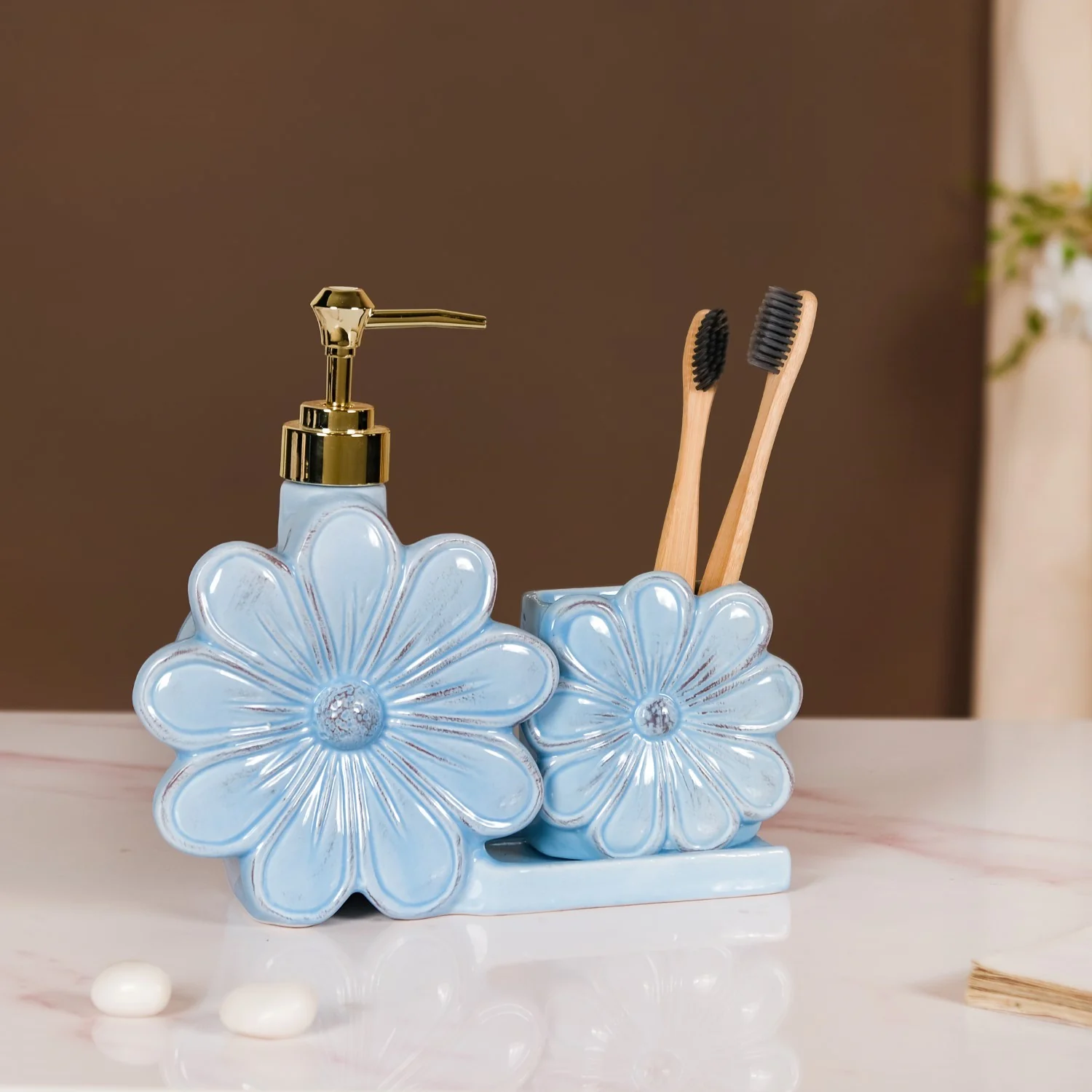 Flower Soap Dispenser With Holder Ceramic Blue - Image 2