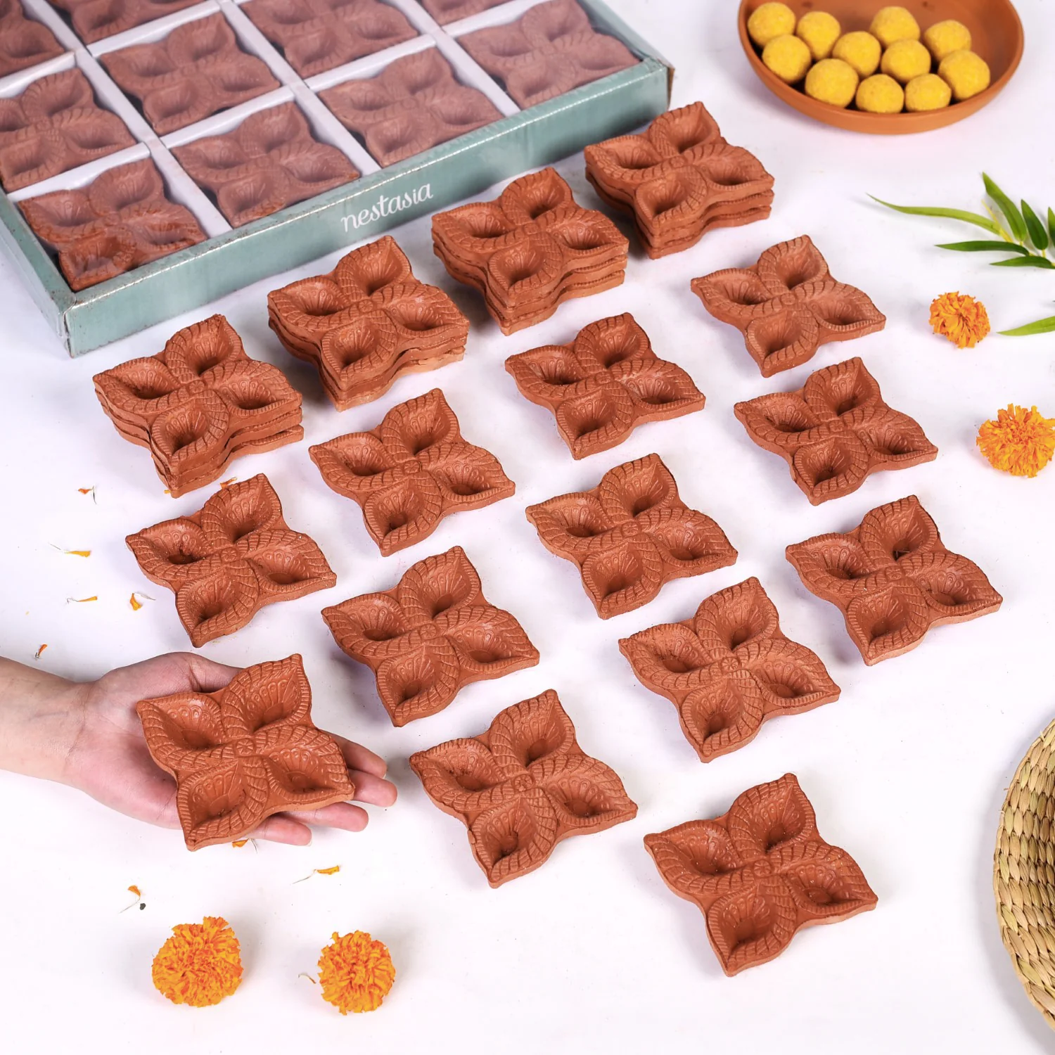Flower Terracotta Diyas Set Of 48 - Image 3