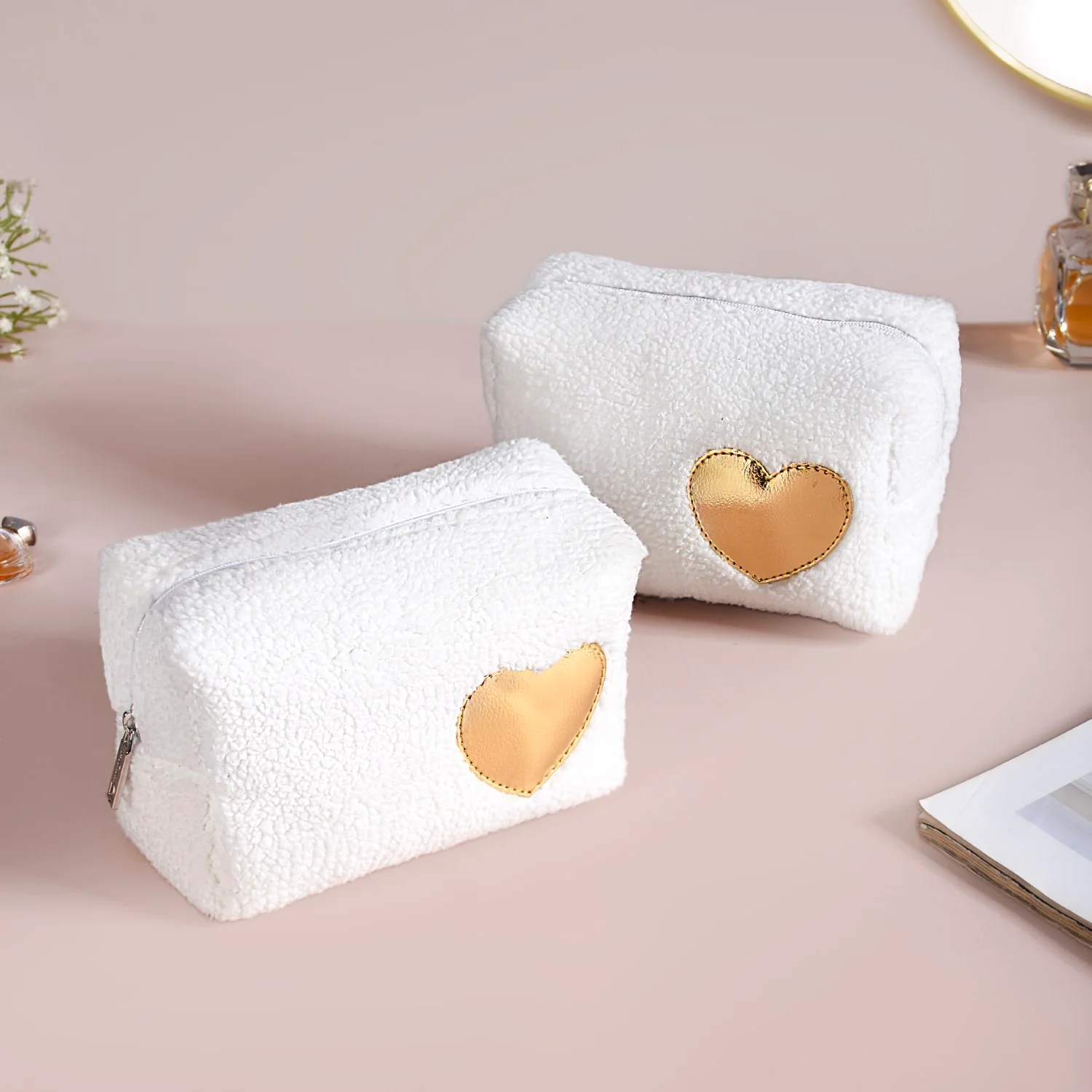 Fluffy White Heart Makeup Bag Set Of 2 - Image 3