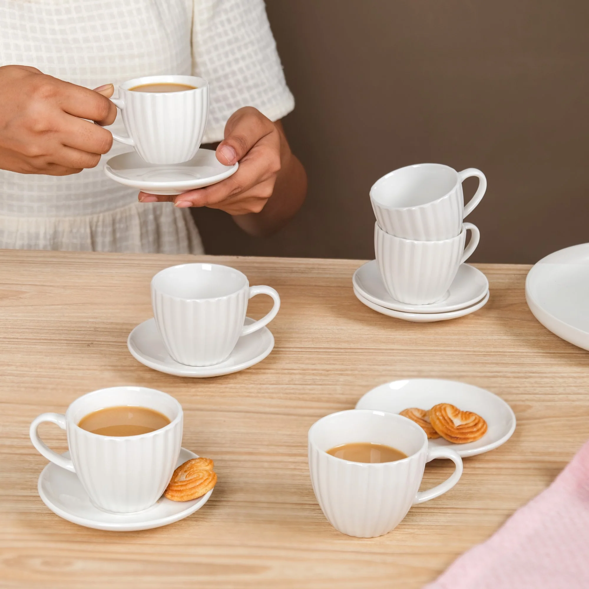 Fluted Ceramic Small Tea Cup And Saucer Set Of 6 100ml - Image 2