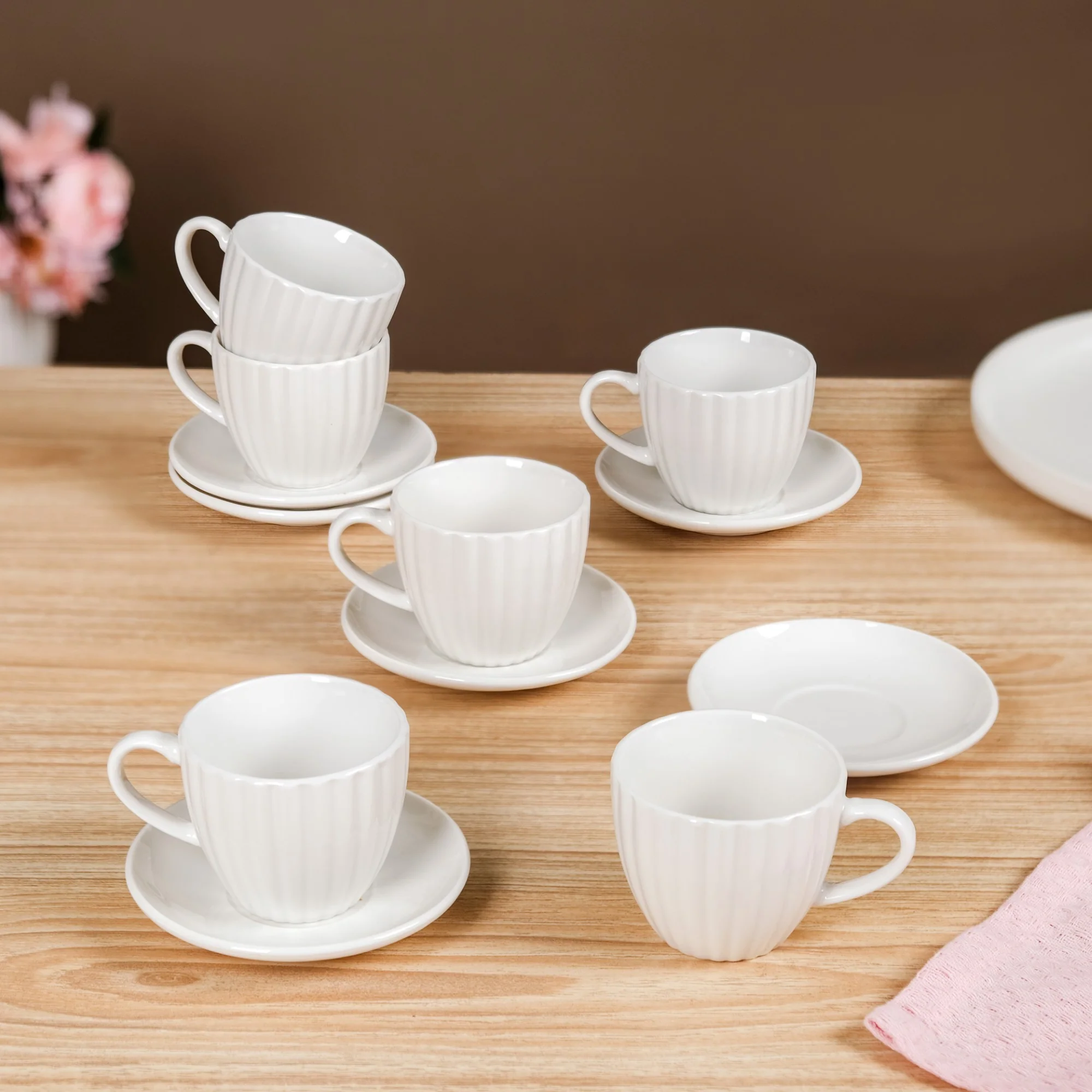 Fluted Ceramic Small Tea Cup And Saucer Set Of 6 100ml - Image 3