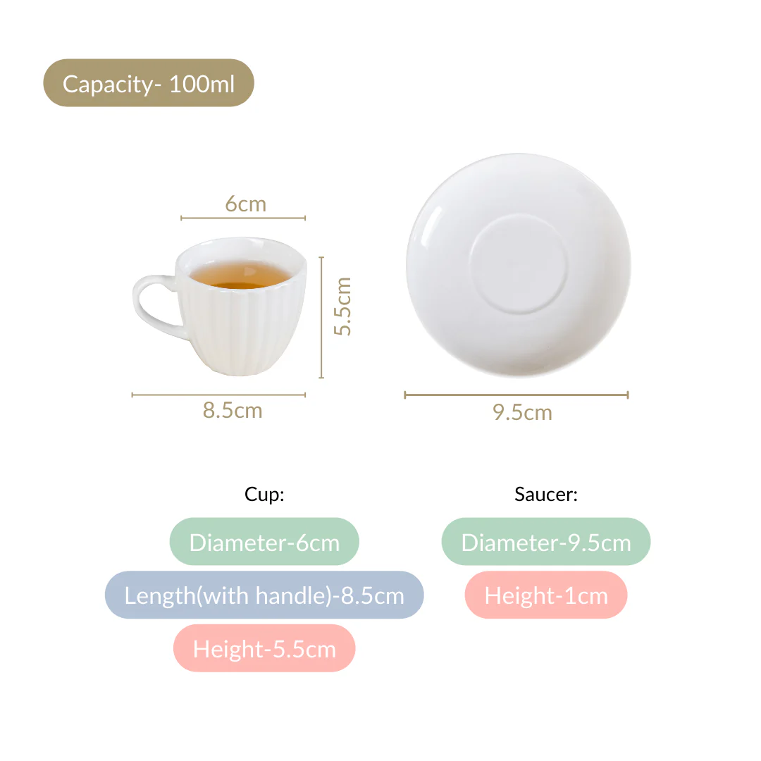 Fluted Ceramic Small Tea Cup And Saucer Set Of 6 100ml - Image 4