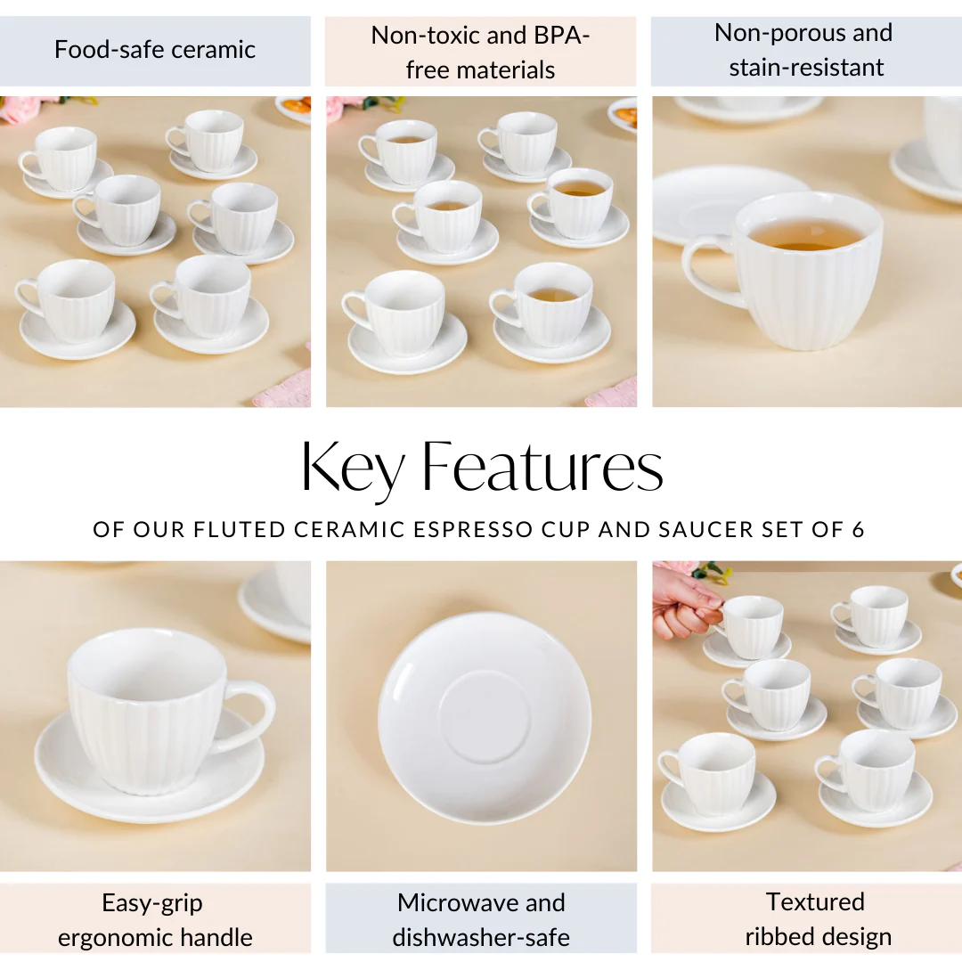 Fluted Ceramic Small Tea Cup And Saucer Set Of 6 100ml - Image 5