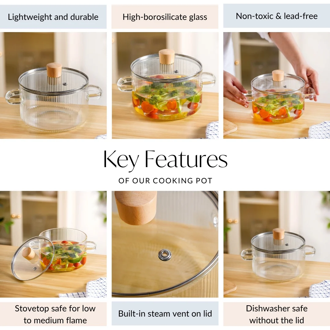 Fluted Design Glass Cooking Pot With Lid 1800ml - Image 5