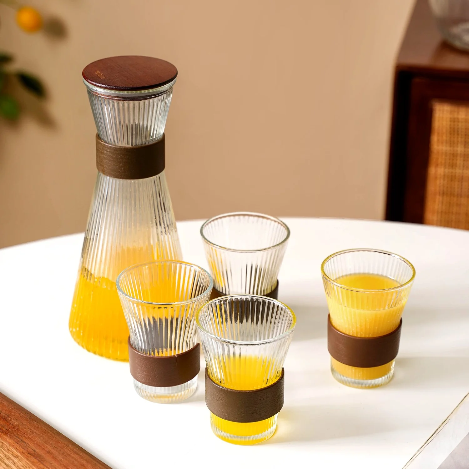 Fluted Glass Carafe Jug With Tumblers - Image 2