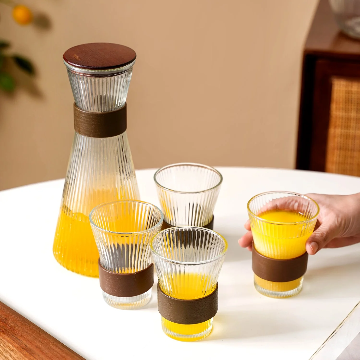 Fluted Glass Carafe Jug With Tumblers - Image 3