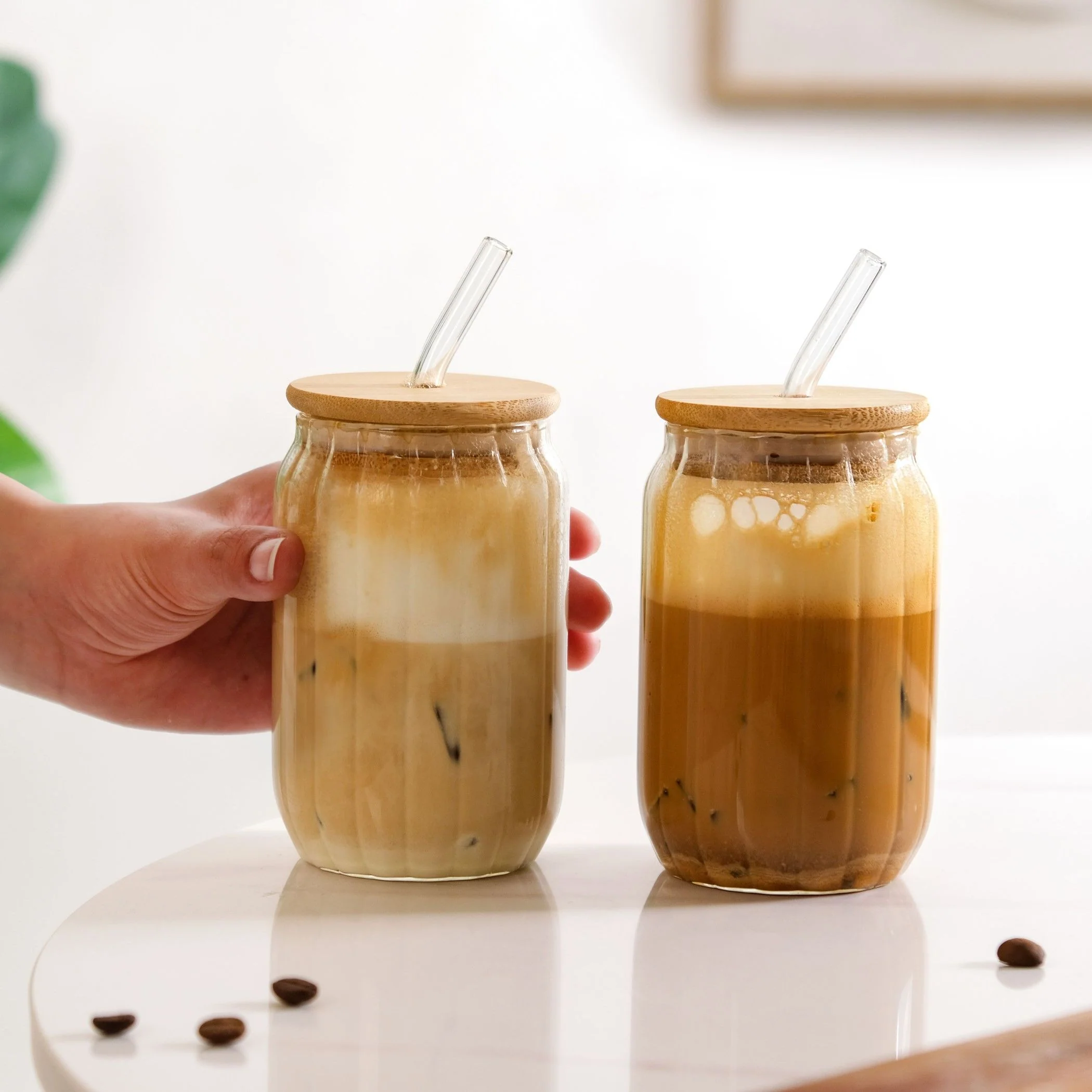Fluted Glass Tumbler With Straw And Wooden Lid Set Of 2 400ml - Image 2