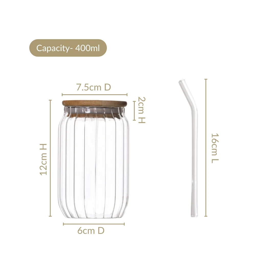Fluted Glass Tumbler With Straw And Wooden Lid Set Of 2 400ml - Image 3