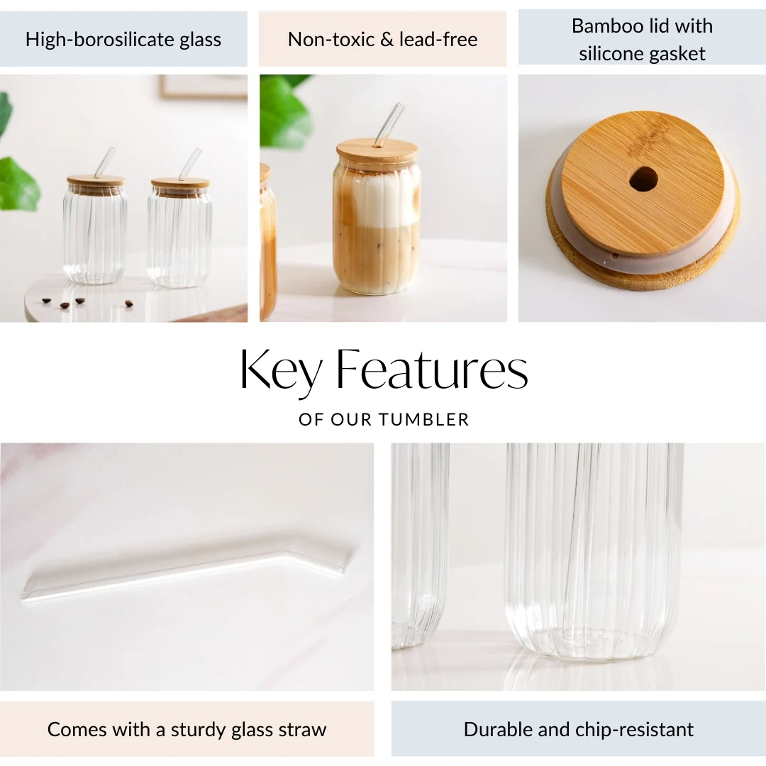 Fluted Glass Tumbler With Straw And Wooden Lid Set Of 2 400ml - Image 4