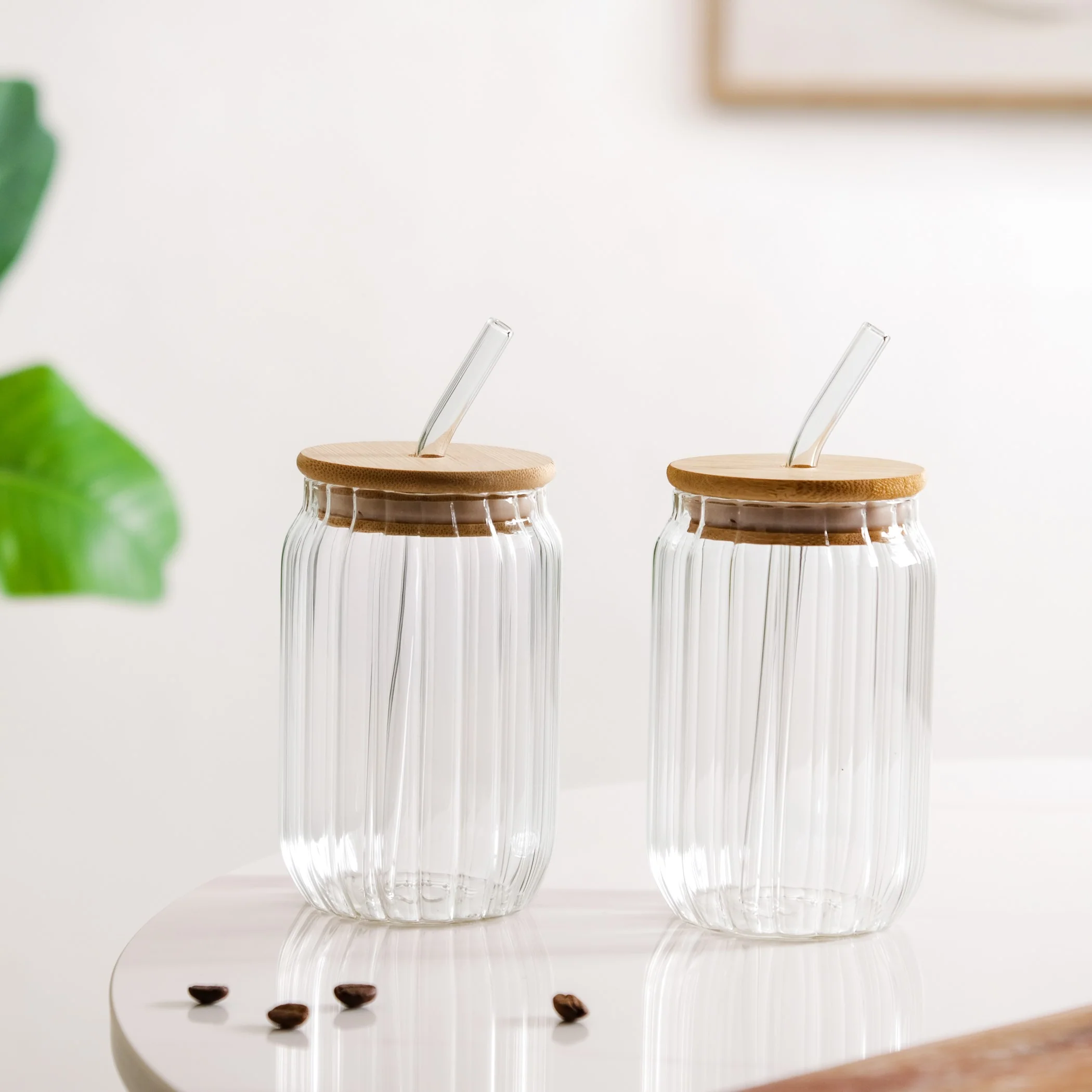 Fluted Glass Tumbler With Straw And Wooden Lid Set Of 2 400ml - Image 9