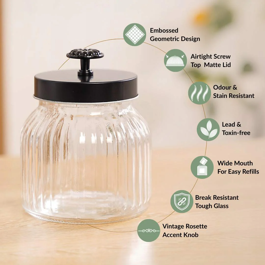 Fluted Jar With Flower Knob Lid Set Of 4 Matte Black 700ml - Image 2