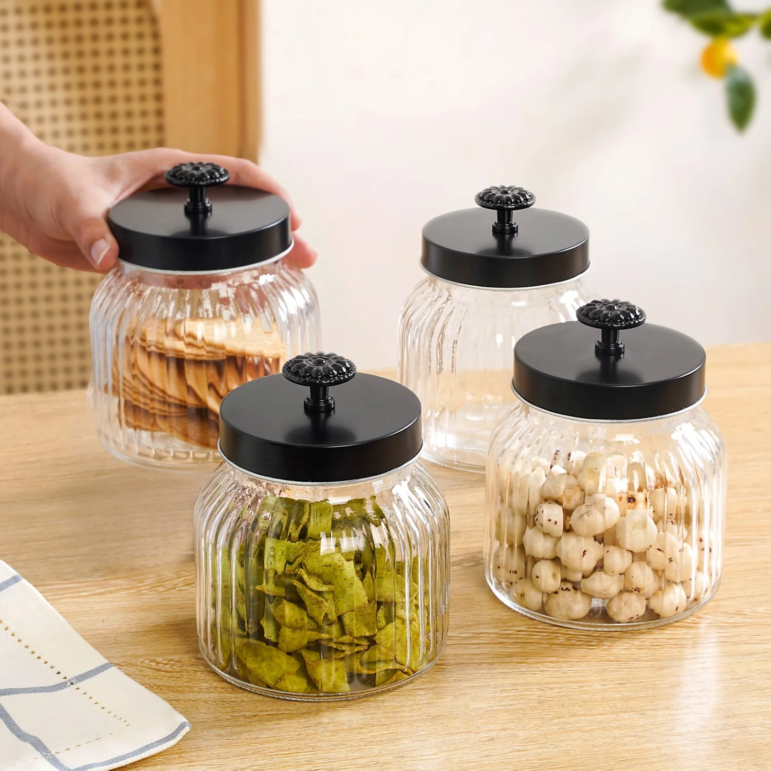 Fluted Jar With Flower Knob Lid Set Of 4 Matte Black 700ml - Image 3