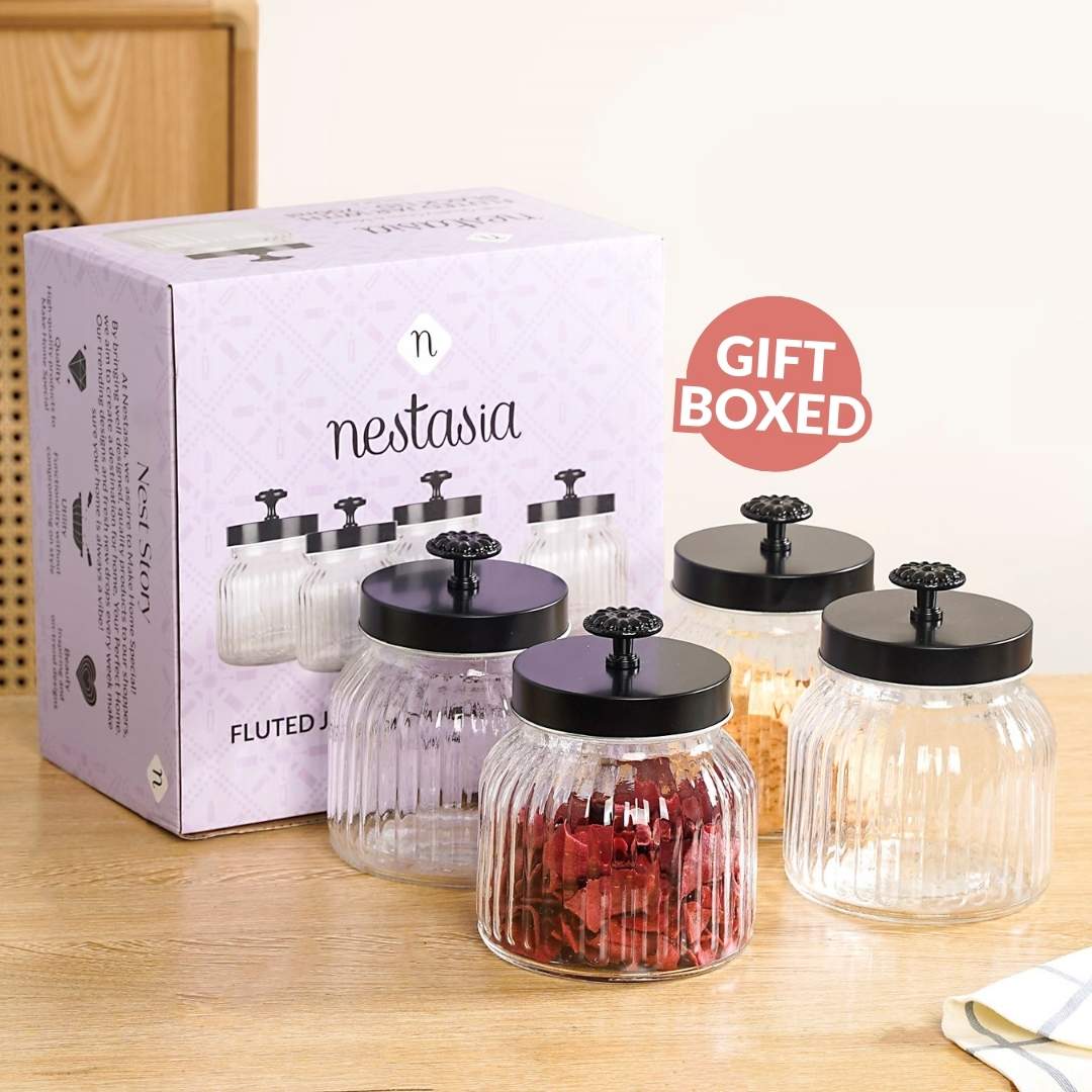Fluted Jar With Flower Knob Lid Set Of 4 Matte Black 700ml - Image 5