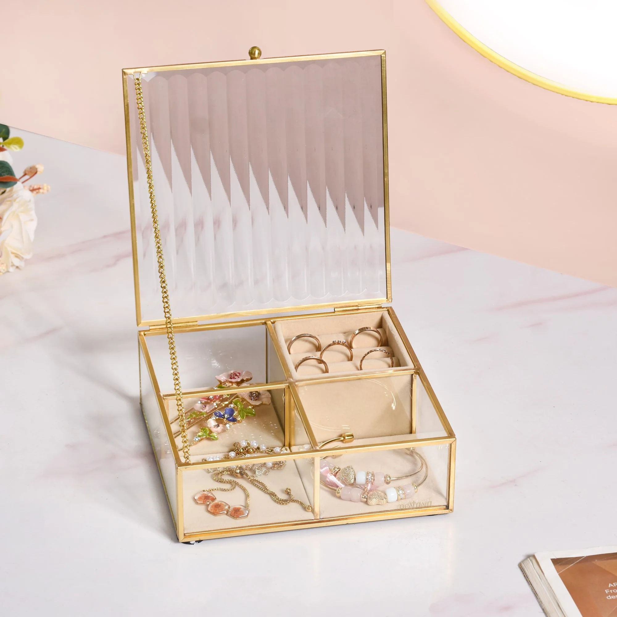 Fluted Lid Multi Section Glass Jewellery Box - Image 2