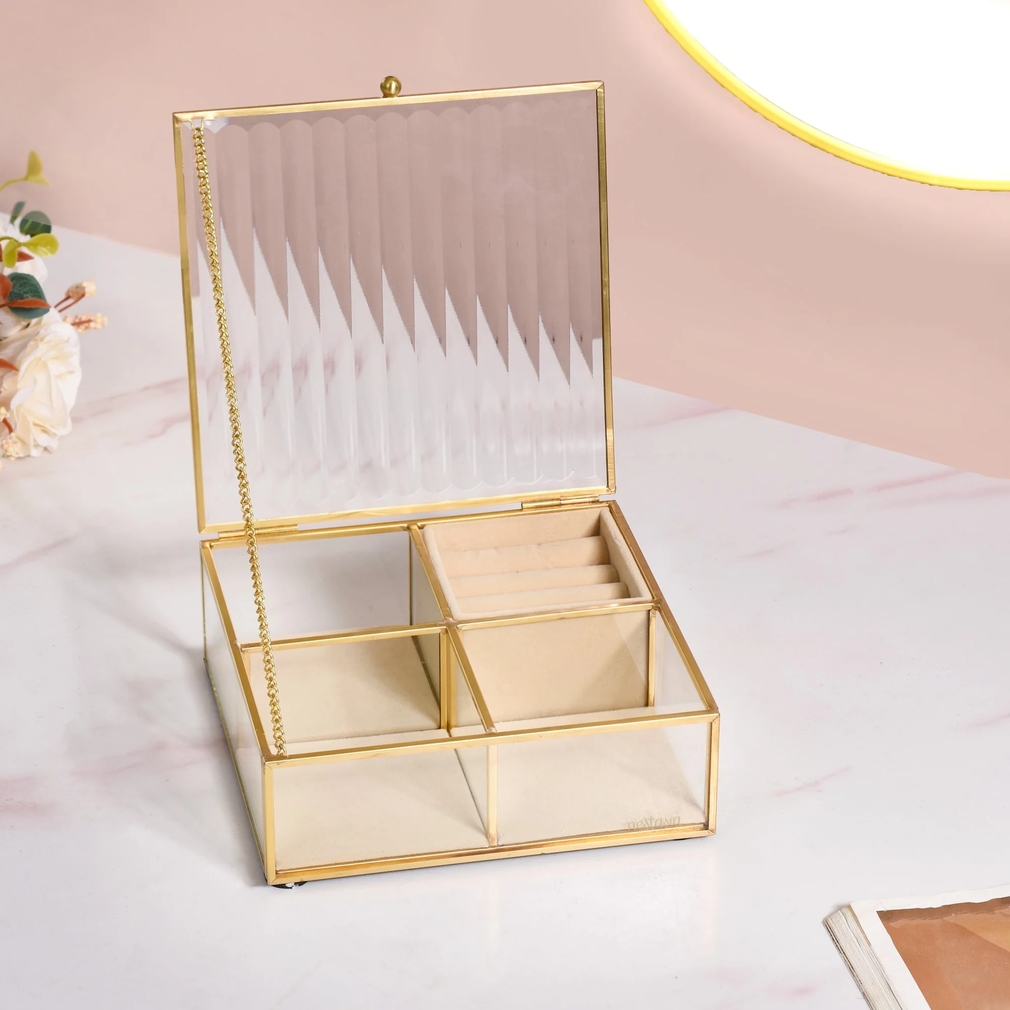 Fluted Lid Multi Section Glass Jewellery Box - Image 8