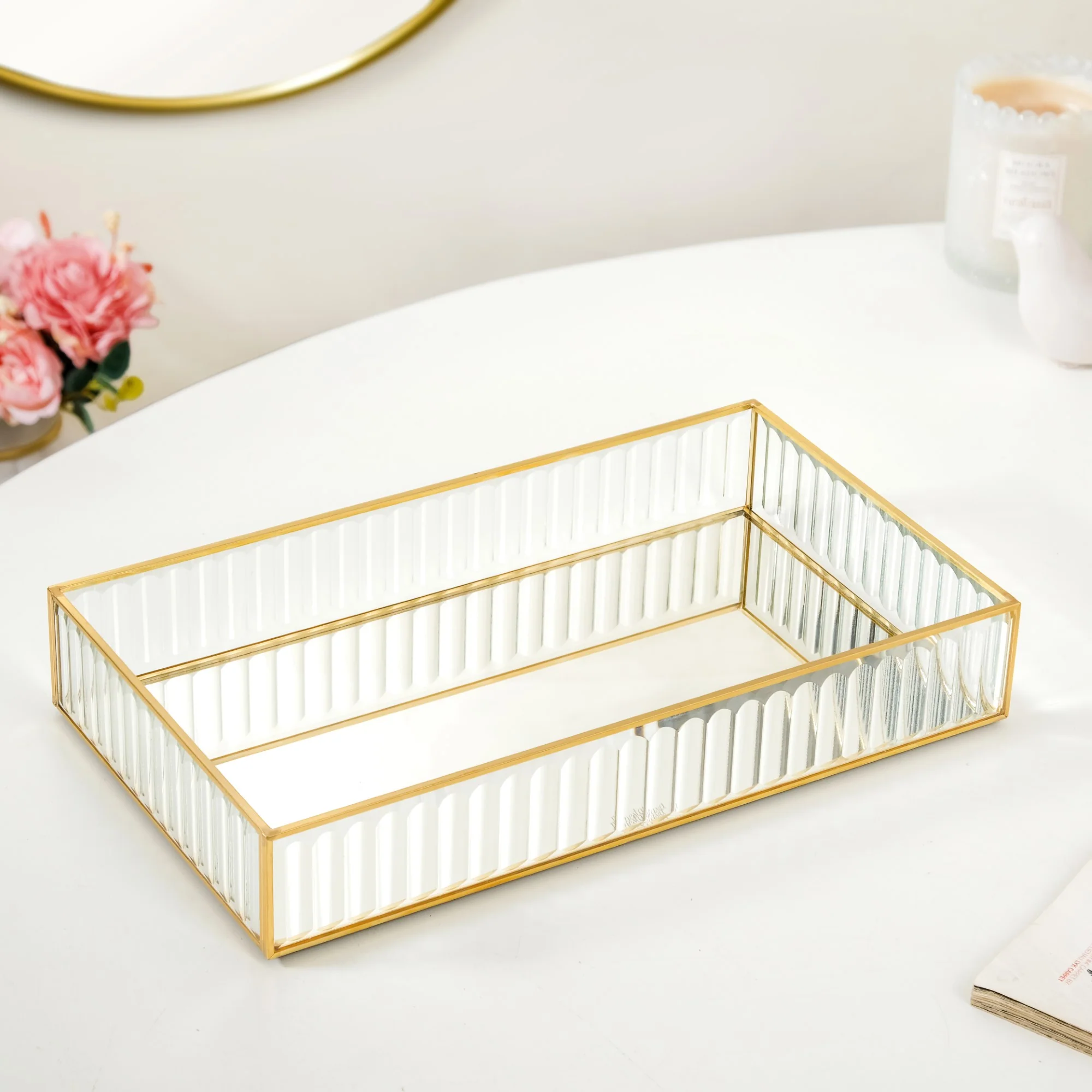 Fluted Mirror Glass Vanity Tray Large - Image 2