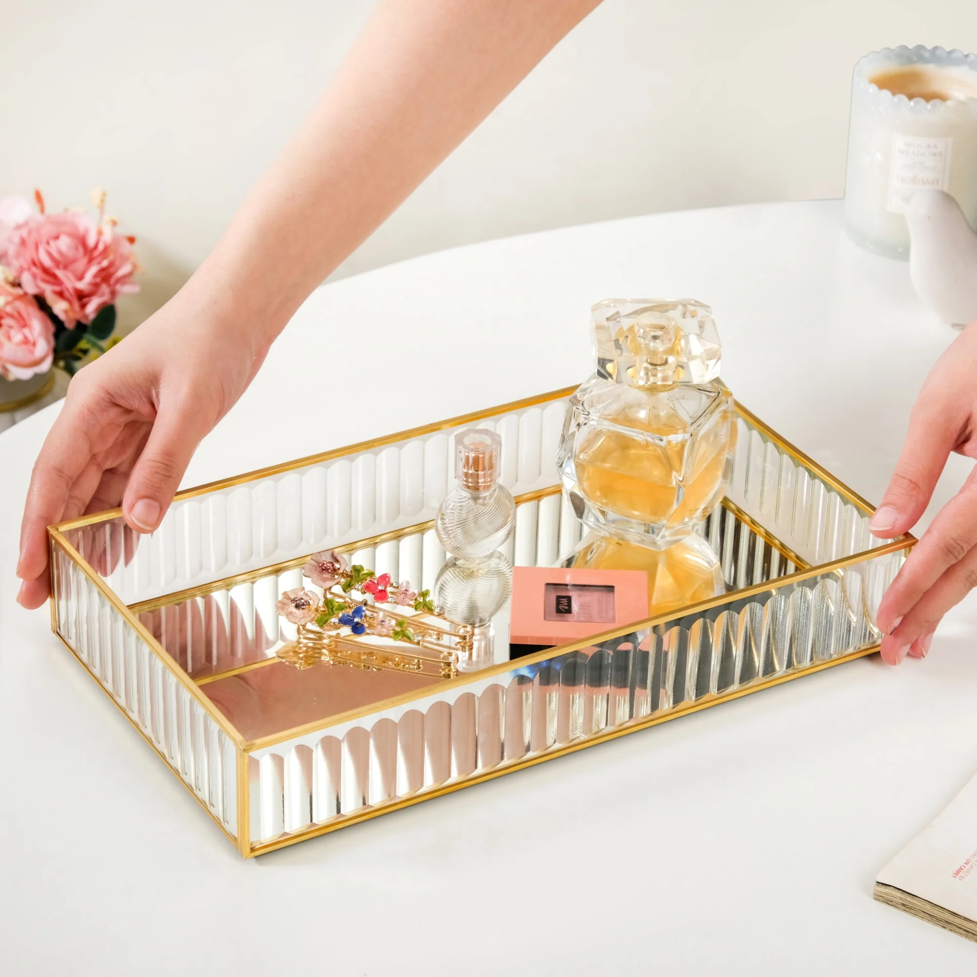 Fluted Mirror Glass Vanity Tray Large - Image 3