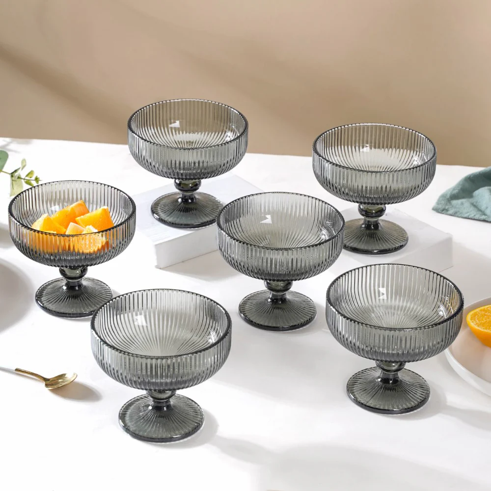 Fluted Stem Dessert Bowl Ash Grey Set Of 6 300ml - Image 3