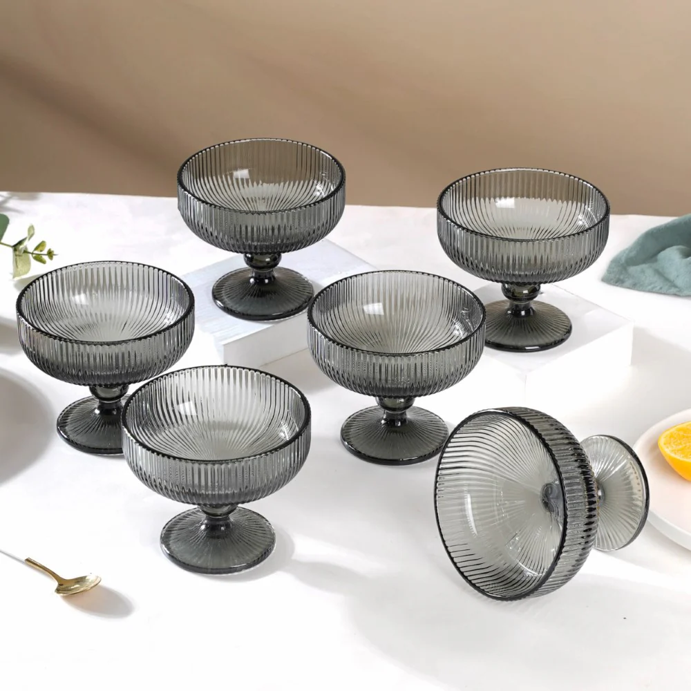 Fluted Stem Dessert Bowl Ash Grey Set Of 6 300ml - Image 4